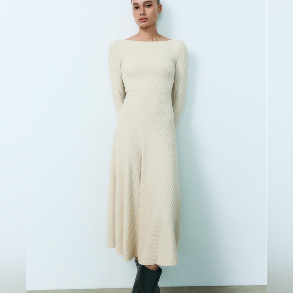 Zara 3253/850 Ecru Tilted Drop Waist Ribbed Dress - Picture 2 of 13
